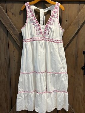 Anthropologie White Sundress with Pink Embroidery